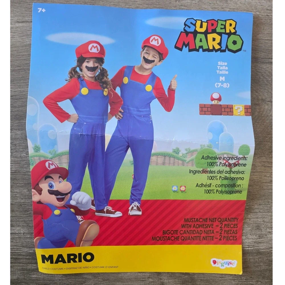 Super Mario Kids Halloween Costume Jumpsuit with Hat Red Blue Size Medium 7-8